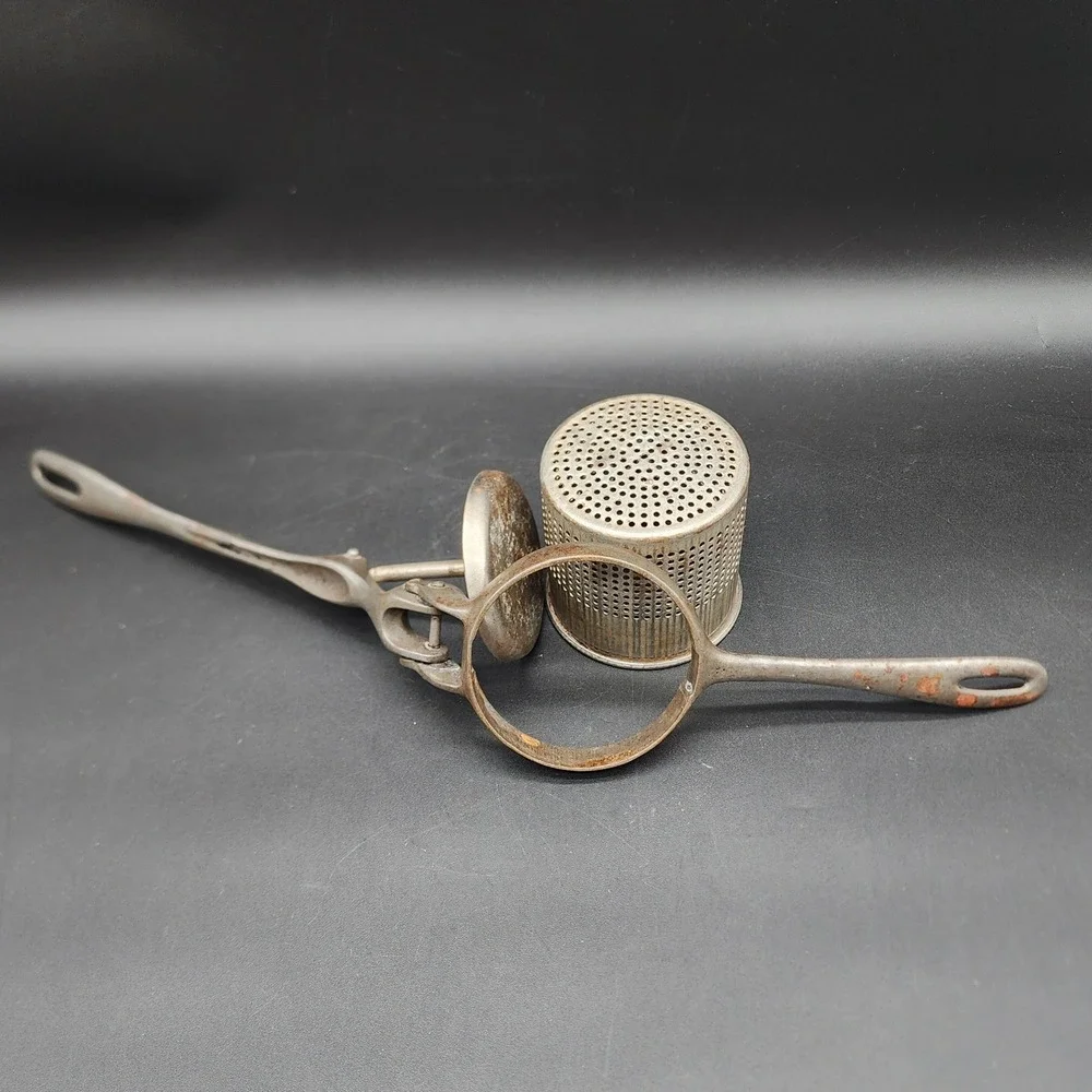Vintage Silver Metal Potato Ricer Fruit Press Primitive Farmhouse Kitchen Tool